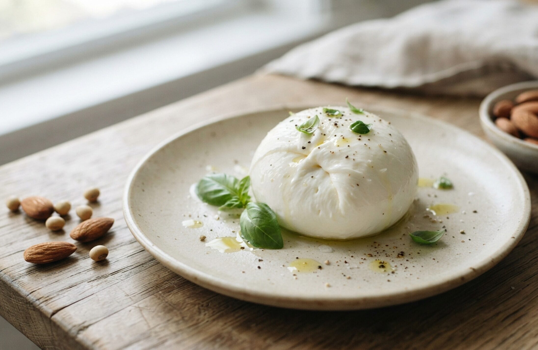 Un'alternativa vegetale alla mozzarella su un piatto con basilico olio, sale e pepe, dietro una ciotola con soia e mandorle, sparse anche sul tavolo